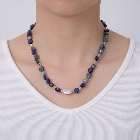 18K Gold Filled Freshwater Pearl Lapis Lazuli Gemstone 15.8 Inch Necklace | WA-3177