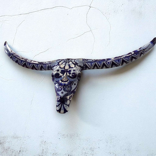Talavera Longhorn Skull | Blue & White Mexican Wall Art