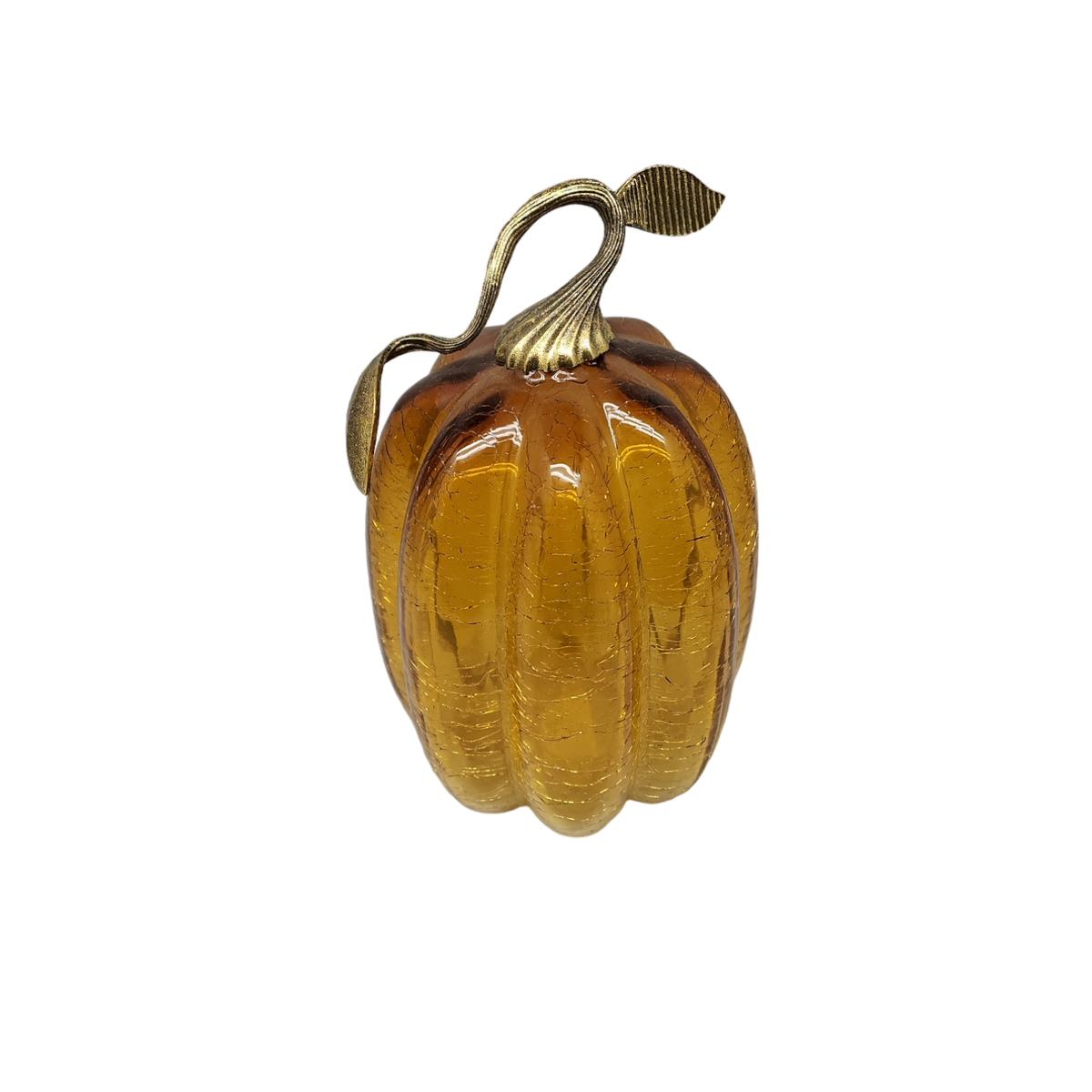 Handblown Glass Amber Pumpkin with Metal Stem - 9 Inch