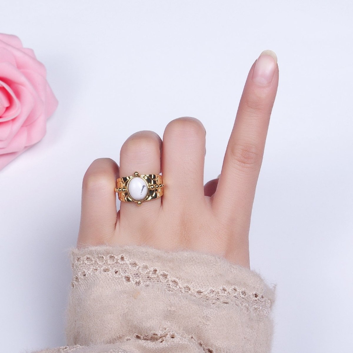 Magnesite, White Opal, Lapis Lazuli Natural Gemstone Beaded Lined Textured Gold Band Ring | O-1859 O-1860 O-1861