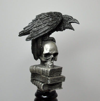 Raven Winestopper, Hand Sculpted Resin, Gothic Art Barware |Poe’s Raven with Skull and Books Bottle Stopper |Gothic Wine Gift and Home Decor