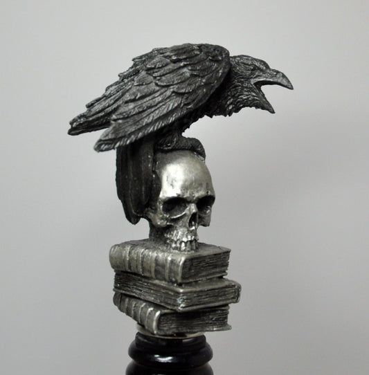 Raven Winestopper, Hand Sculpted Resin, Gothic Art Barware |Poe’s Raven with Skull and Books Bottle Stopper |Gothic Wine Gift and Home Decor