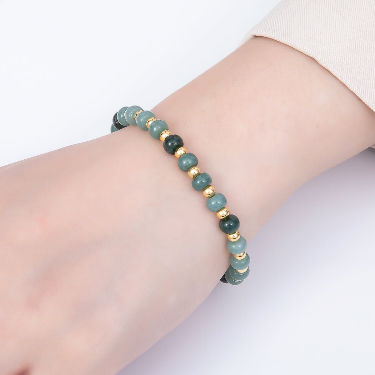 16K Gold Filled 6mm Green Aventurine Rondelle Gemstone Chain 7 Inch Bracelet w. Extender | WA-00217