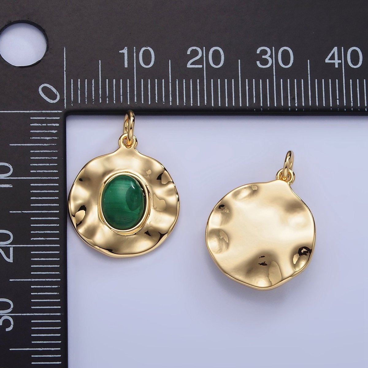 16K Gold Filled Malachite Gemstone Hammered Charm | C357
