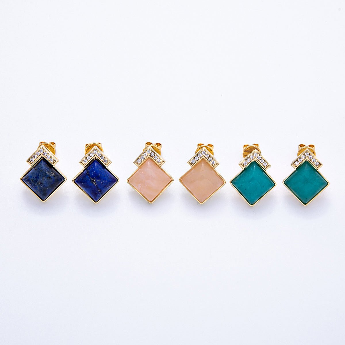 16K Gold Filled Turquoise, Pink Quartz, Lapis Lazuli Gemstone Micro Paved CZ Rhombus Studs | Earrings-00201 ~ Earrings-00203