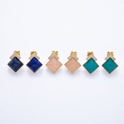 16K Gold Filled Turquoise, Pink Quartz, Lapis Lazuli Gemstone Micro Paved CZ Rhombus Studs | Earrings-00201 ~ Earrings-00203