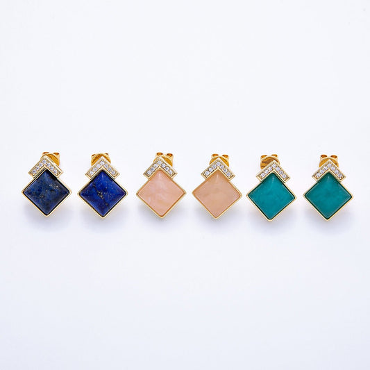 16K Gold Filled Turquoise, Pink Quartz, Lapis Lazuli Gemstone Micro Paved CZ Rhombus Studs | Earrings-00201 ~ Earrings-00203