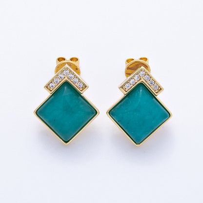 16K Gold Filled Turquoise, Pink Quartz, Lapis Lazuli Gemstone Micro Paved CZ Rhombus Studs | Earrings-00201 ~ Earrings-00203