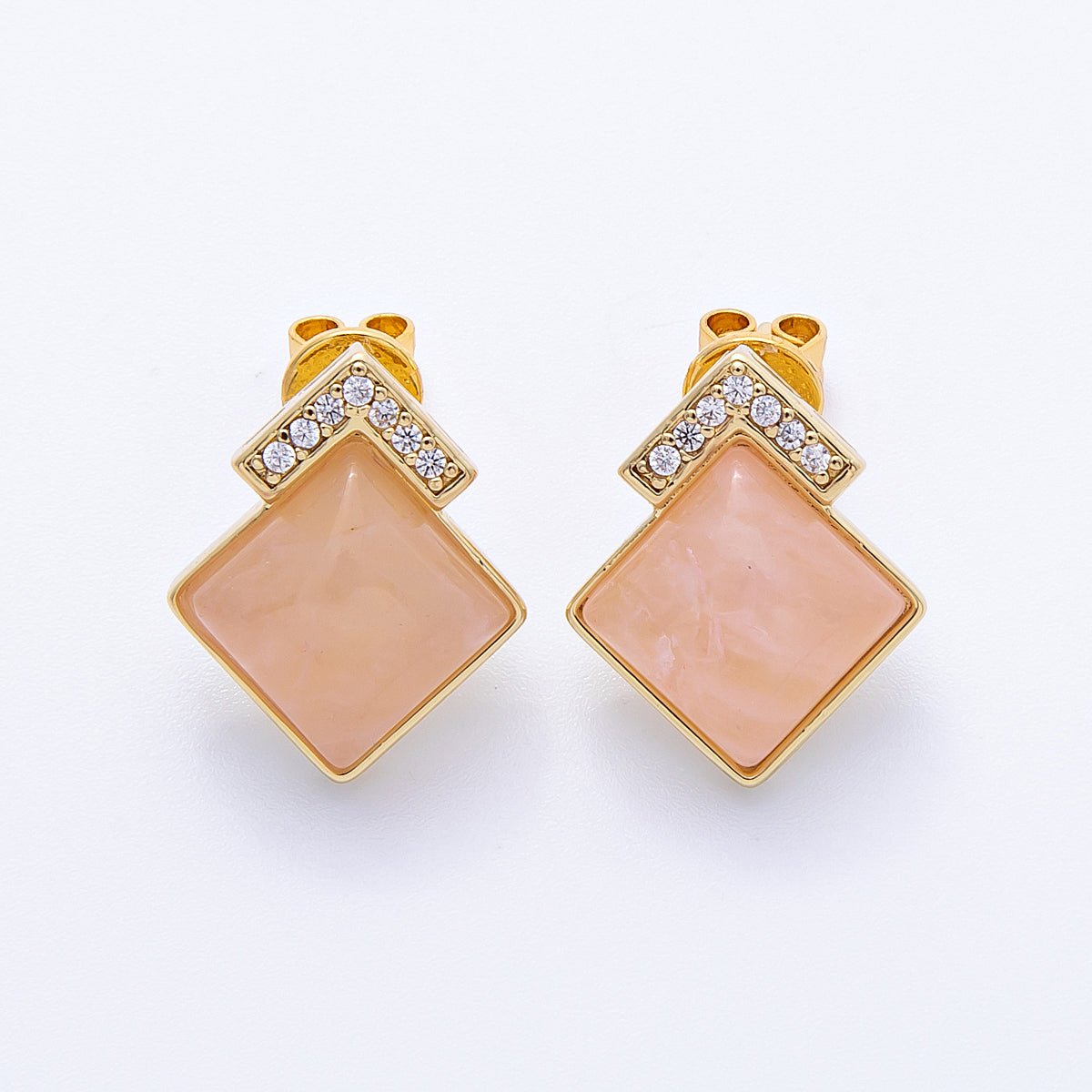 16K Gold Filled Turquoise, Pink Quartz, Lapis Lazuli Gemstone Micro Paved CZ Rhombus Studs | Earrings-00201 ~ Earrings-00203