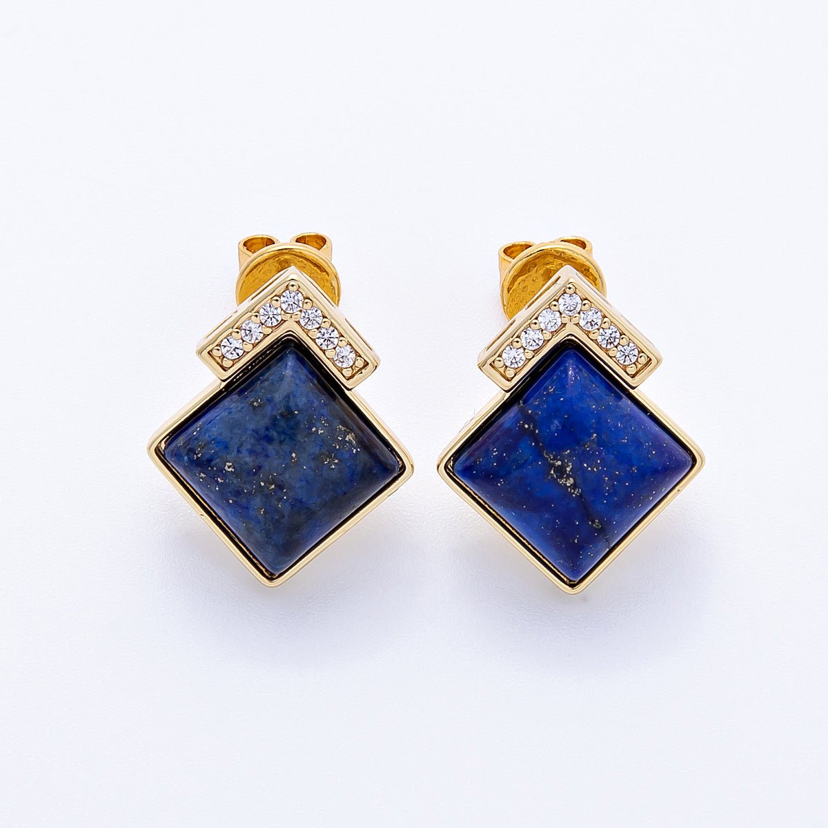 16K Gold Filled Turquoise, Pink Quartz, Lapis Lazuli Gemstone Micro Paved CZ Rhombus Studs | Earrings-00201 ~ Earrings-00203