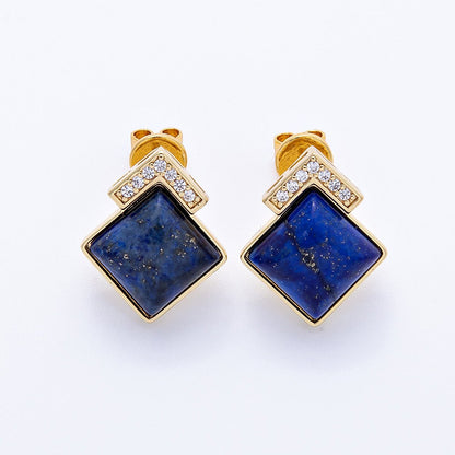 16K Gold Filled Turquoise, Pink Quartz, Lapis Lazuli Gemstone Micro Paved CZ Rhombus Studs | Earrings-00201 ~ Earrings-00203
