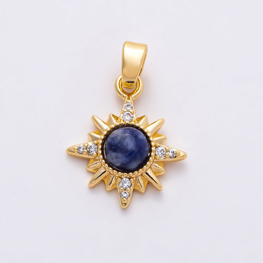 18K Gold Filled 16mm Blue Lapis Lazuli Gemstone Celestial Star Sun Pendant | Charms-00756