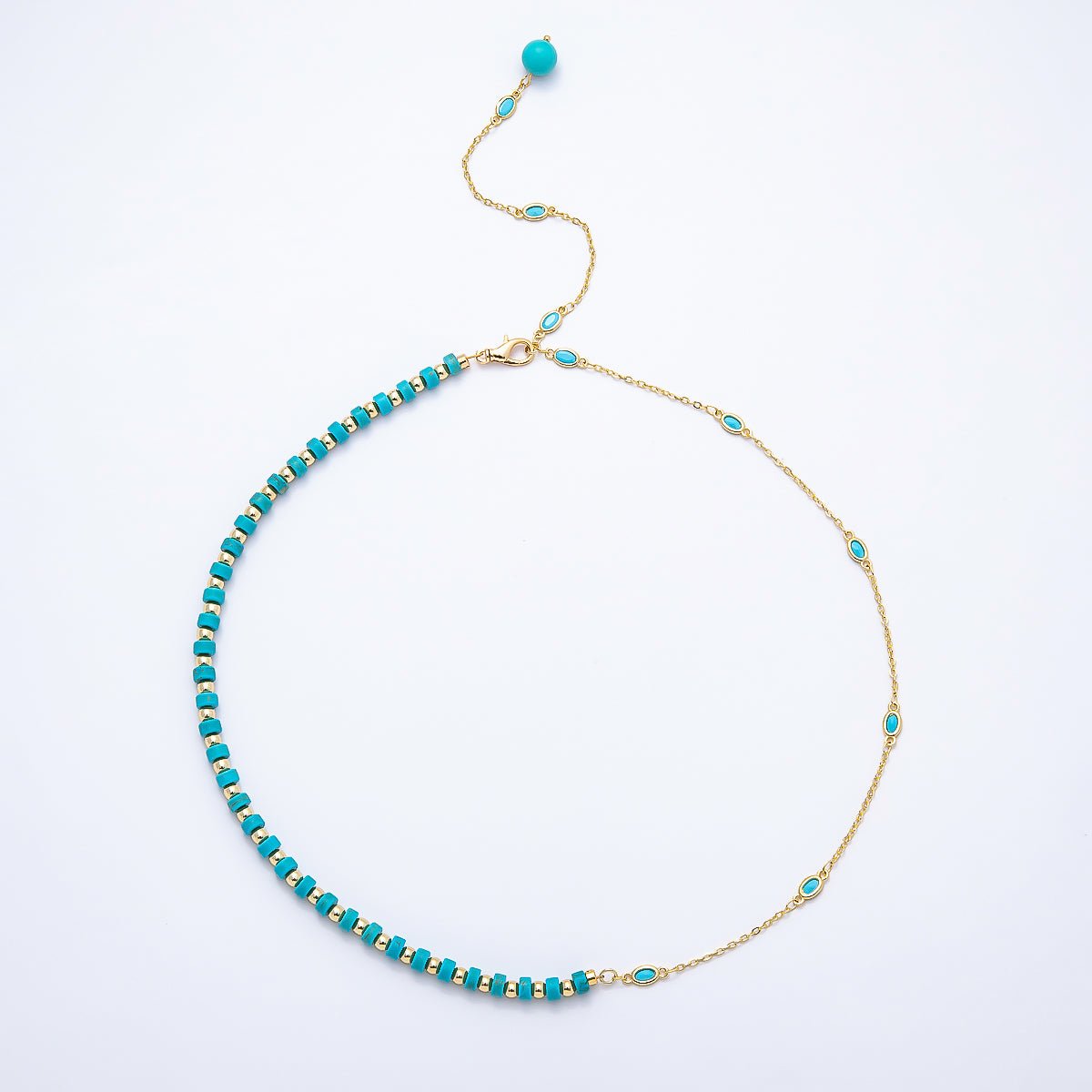 18K Gold Filled 3.5mm Turquoise Tube Rondelle Bezel Half Cable Gemstone Lariat Floating Chain 19 Inch Necklace | WA-00546