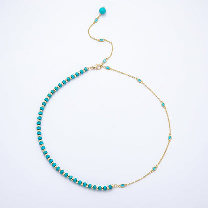 18K Gold Filled 3.5mm Turquoise Tube Rondelle Bezel Half Cable Gemstone Lariat Floating Chain 19 Inch Necklace | WA-00546