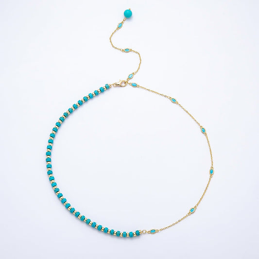 18K Gold Filled 3.5mm Turquoise Tube Rondelle Bezel Half Cable Gemstone Lariat Floating Chain 19 Inch Necklace | WA-00546