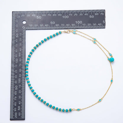 18K Gold Filled 3.5mm Turquoise Tube Rondelle Bezel Half Cable Gemstone Lariat Floating Chain 19 Inch Necklace | WA-00546