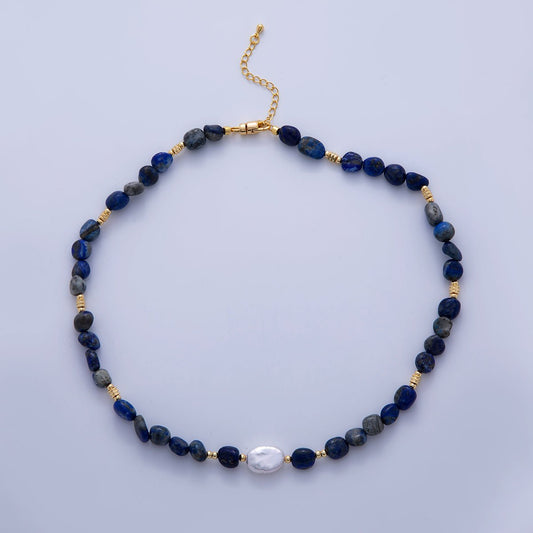 18K Gold Filled Freshwater Pearl Lapis Lazuli Gemstone 15.8 Inch Necklace | WA-3177