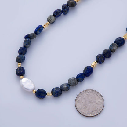 18K Gold Filled Freshwater Pearl Lapis Lazuli Gemstone 15.8 Inch Necklace | WA-3177
