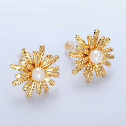 24K Gold Filled 15mm White Shell Pearl Sunflower Stud Earrings | P219