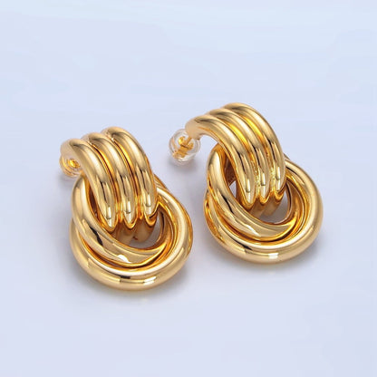 24K Gold Filled Multiple Circular Band Door Knocker Drop Stud Earrings in Gold, Silver & Mixed Metal | AD694 - AD696