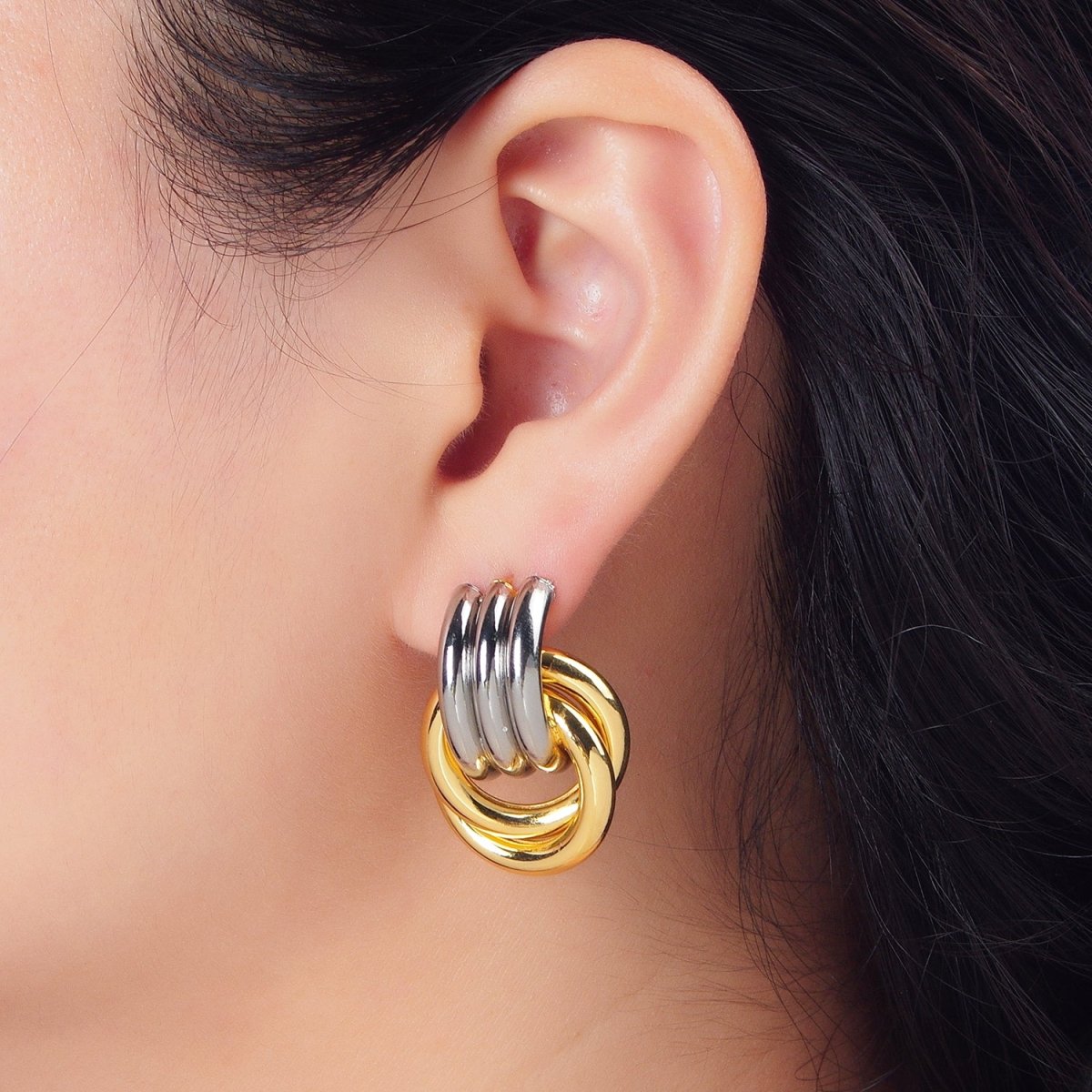 24K Gold Filled Multiple Circular Band Door Knocker Drop Stud Earrings in Gold, Silver & Mixed Metal | AD694 - AD696