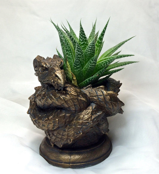 Coiled Dragon Planter, Bronze Finish |  Unique Mythic Creature Home Decor | Resin Sculpture Snake Vase, Fantasy Art and Gothic Home Decor