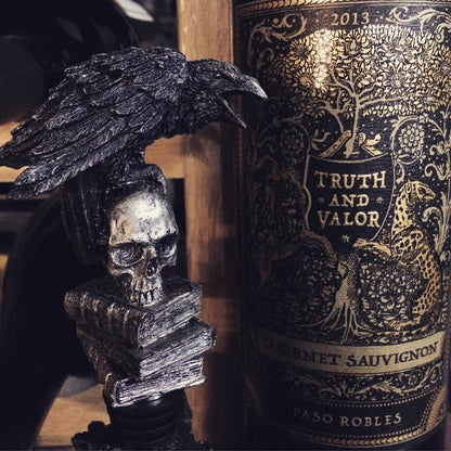 Raven Winestopper, Hand Sculpted Resin, Gothic Art Barware |Poe’s Raven with Skull and Books Bottle Stopper |Gothic Wine Gift and Home Decor