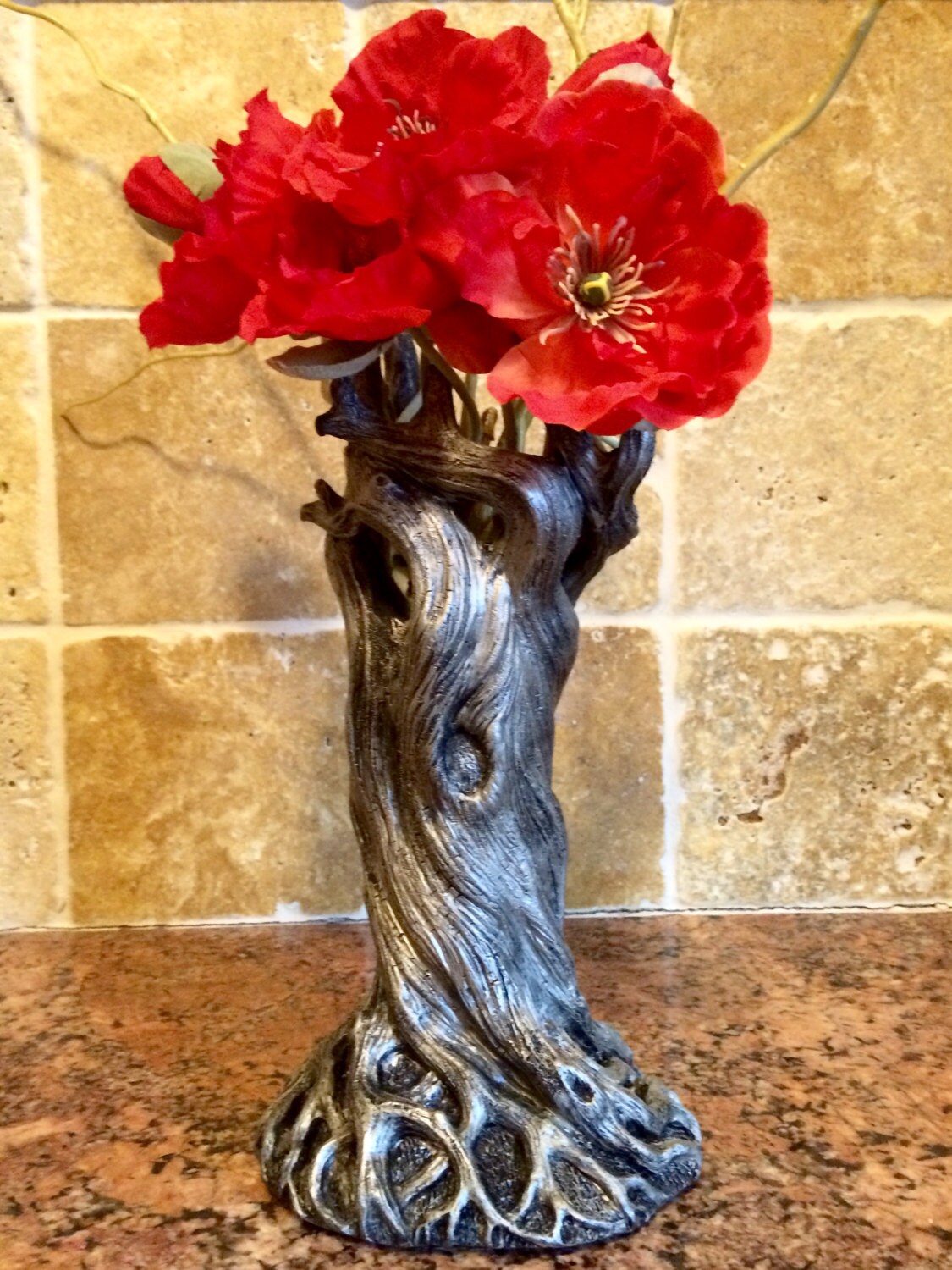 Tree Vase, Pewter Finish | Unique Woodland Rustic Home Decor | Resin Sculpture Flower Vase, Nature Gift and Earthy Home Decor