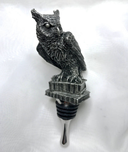 Horned Owl Winestopper, Hand Sculpted Resin | Gothic Art Barware | Owl with Books Bottle Stopper | FantasyGothic Witch Wine and Barware Gift