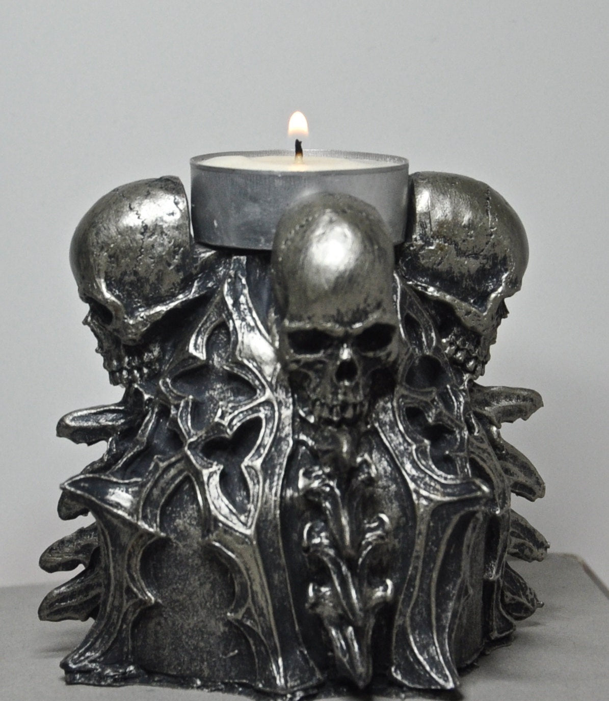 Requiem Gothic Tea Light Holder, Hand Sculpted Resin | Spooky Gothic Skull and Bones Candle Holder for Halloween Gift and Gothic Decor