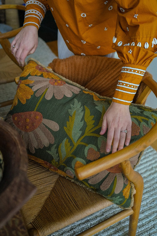 Embroidered Autumn Floral Cotton Slub Pillow with Fringe