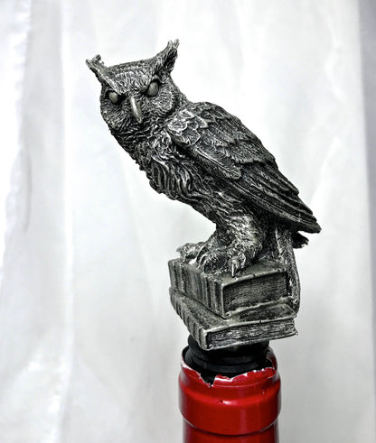 Horned Owl Winestopper, Hand Sculpted Resin | Gothic Art Barware | Owl with Books Bottle Stopper | FantasyGothic Witch Wine and Barware Gift