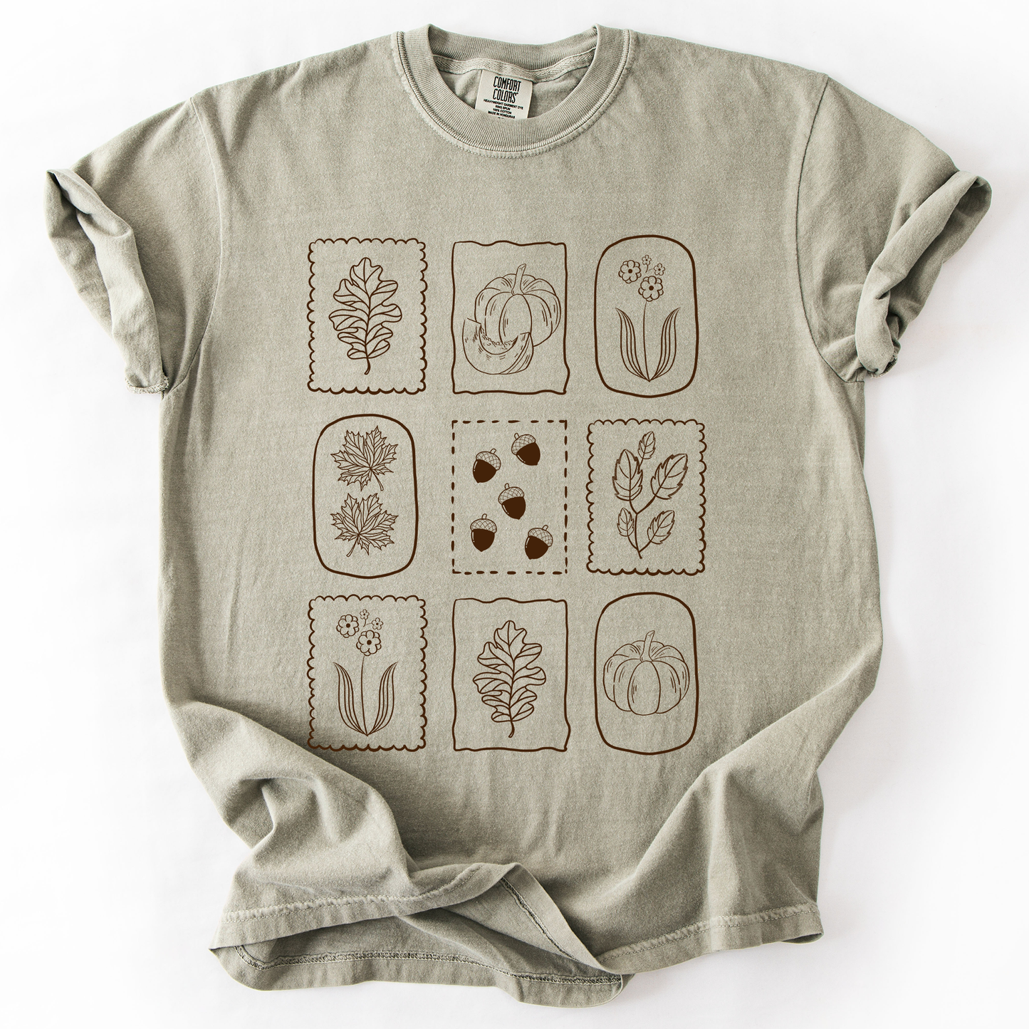 Autumn Flowers Minimalist Boho Fall Bouquet With Blue Wildflowers Sunflowers And Pumpkin Accents Comfort Colors Tee