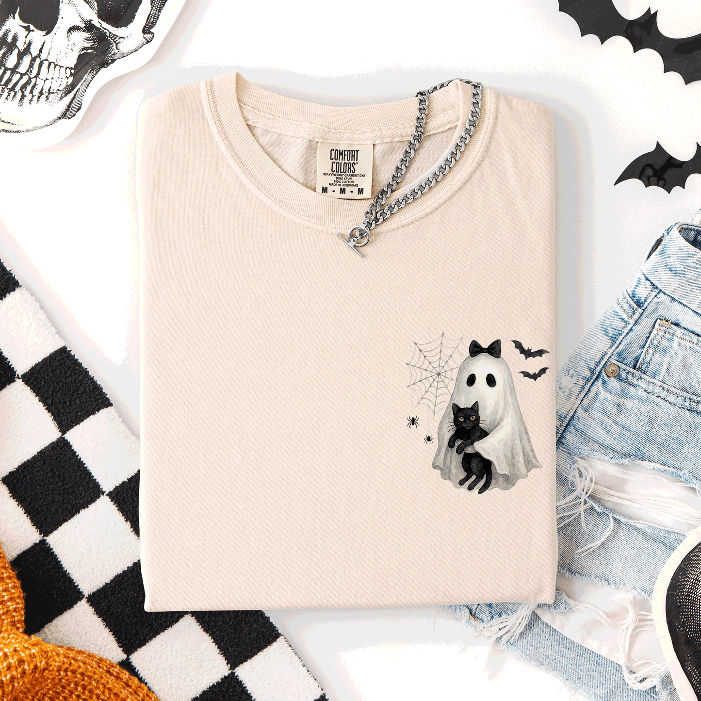 Cute Ghost Black Cat Halloween Coquette Pocket Edition Design Comfort Colors Tee