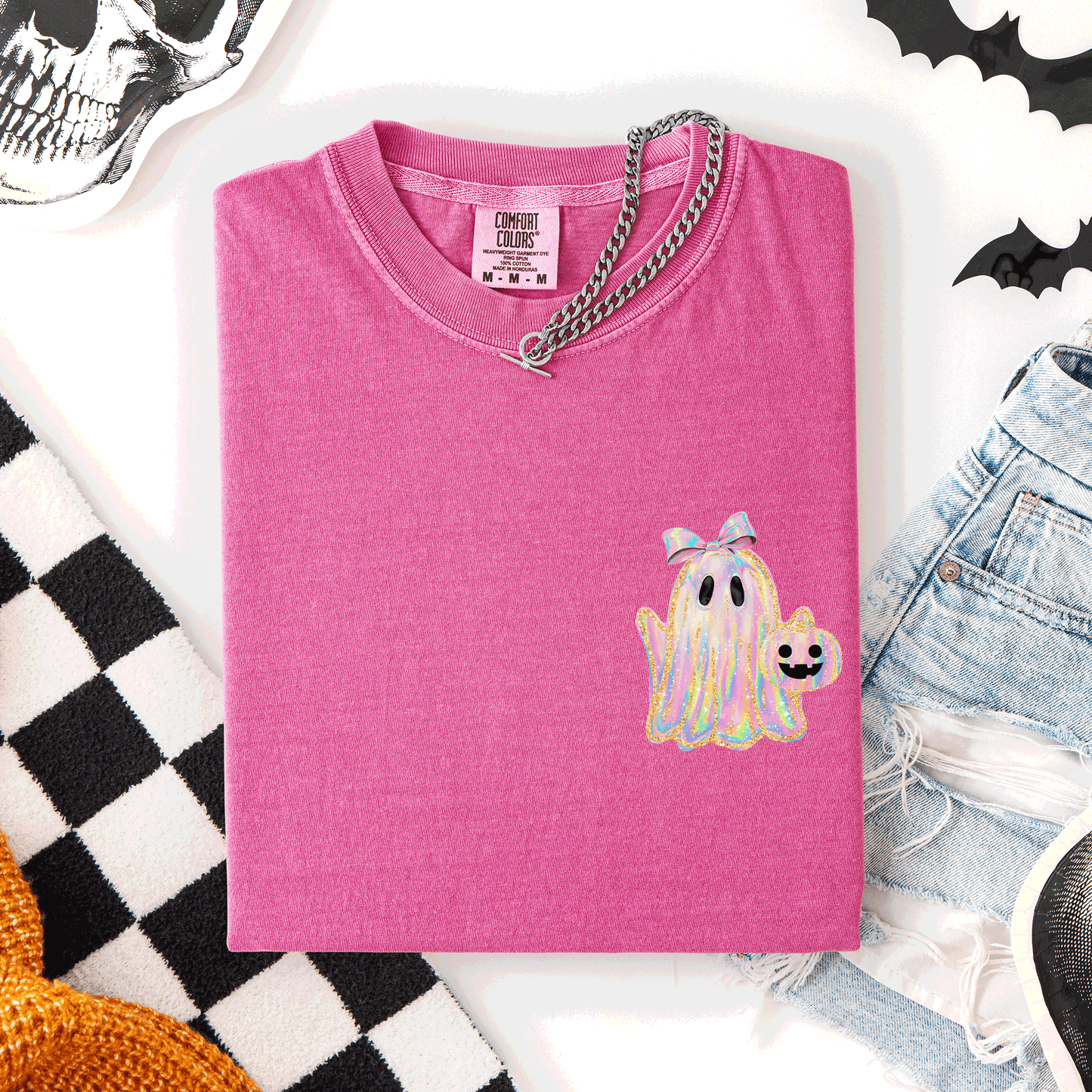 Cute Ghost Coquette Ribbon Faux Glitter Halloween Pocket Detail Comfort Colors Tee