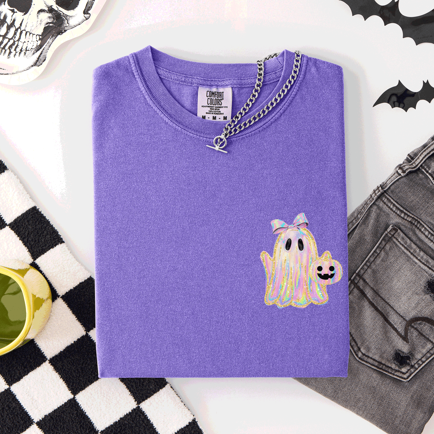 Cute Ghost Coquette Ribbon Faux Glitter Halloween Pocket Detail Comfort Colors Tee