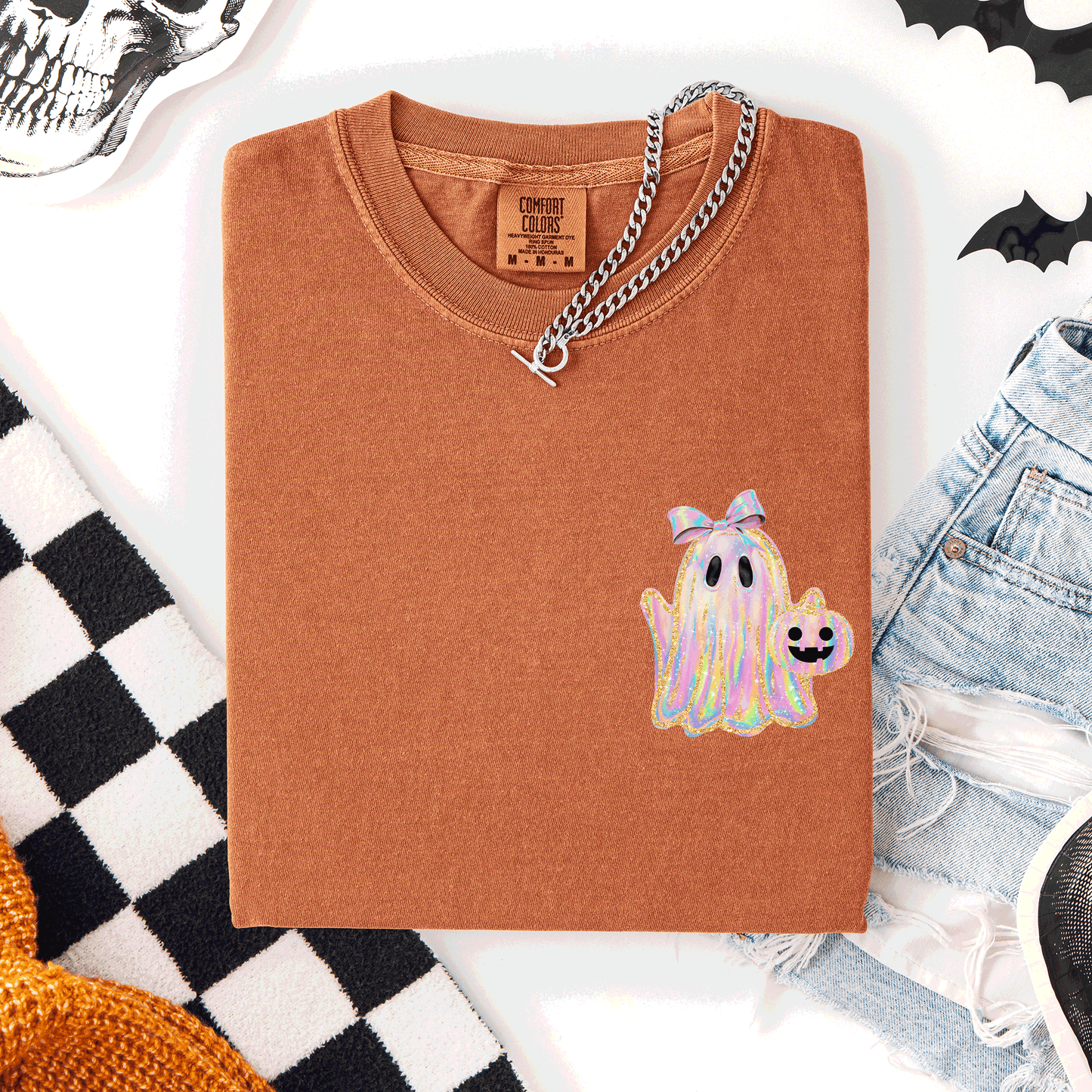 Cute Ghost Coquette Ribbon Faux Glitter Halloween Pocket Detail Comfort Colors Tee