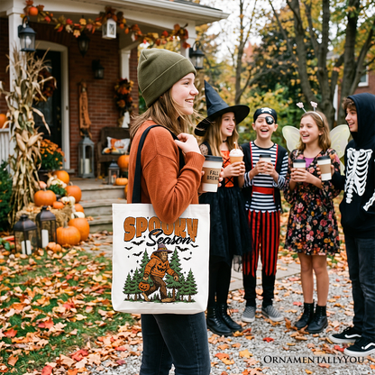 Spooky Season Bigfoot Tote Bag, Halloween Sasquatch Pumpkin Gift Shopper