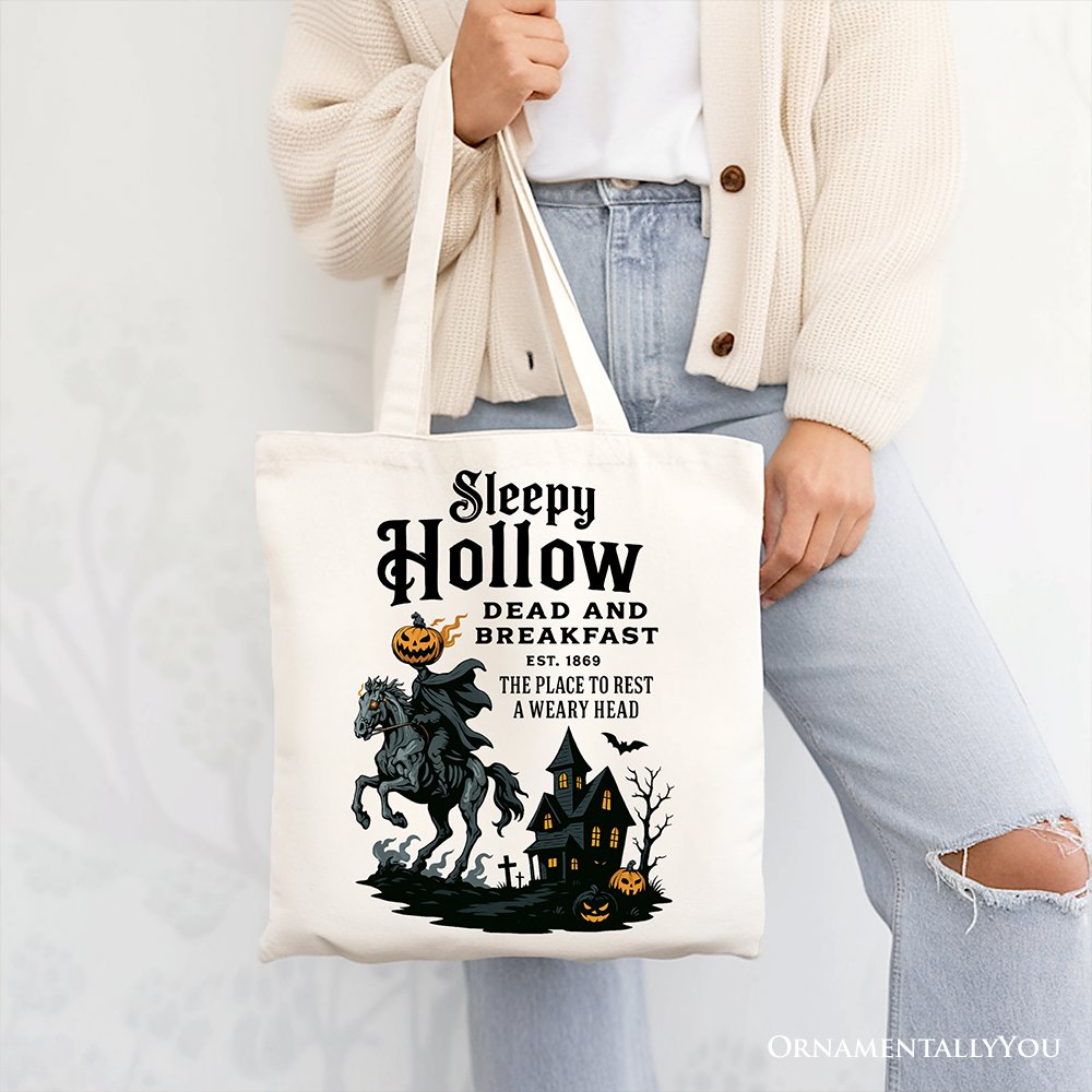 Headless Horseman Sleepy Hollow Halloween Canvas Tote Bag, Dead and Breakfast Retro Gift