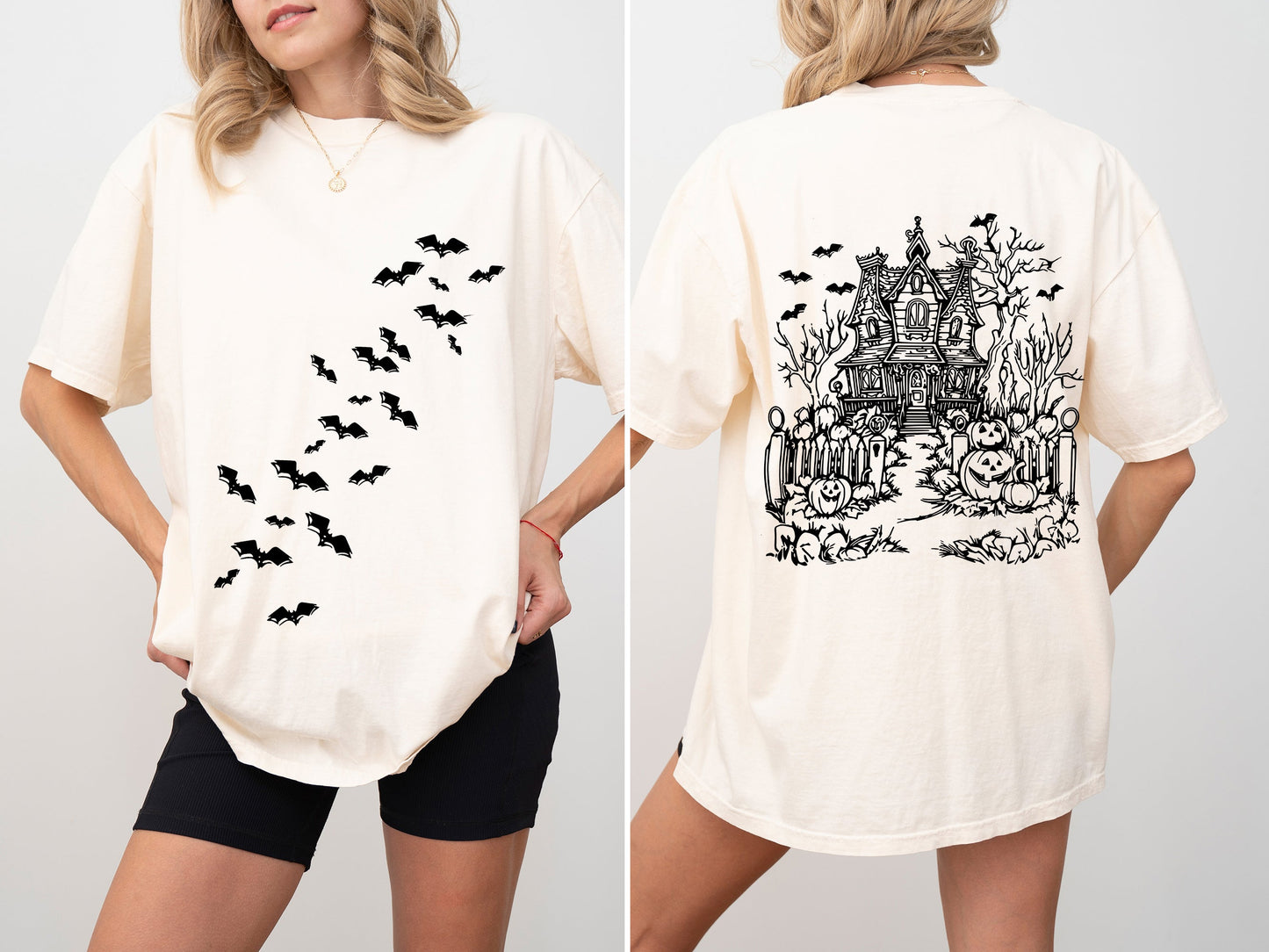 Haunted House Front And Back Halloween Retro Fall Autumn Bats Witches Skeleton Jack-O-Lanterns Comfort Colors Tee