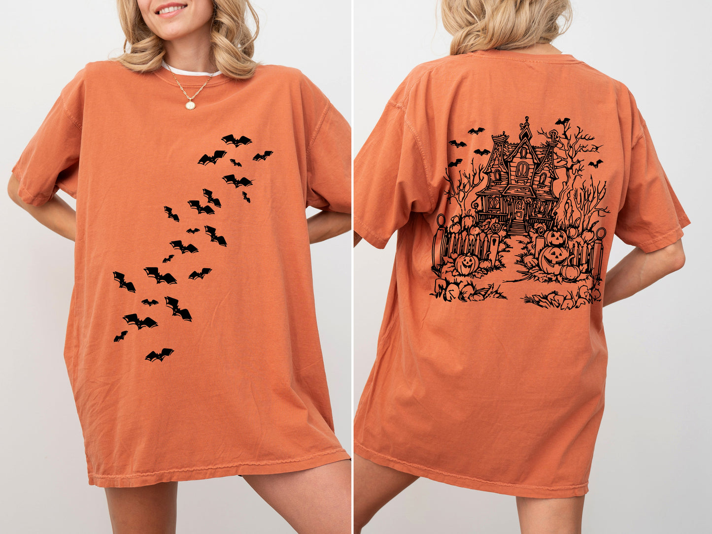 Haunted House Front And Back Halloween Retro Fall Autumn Bats Witches Skeleton Jack-O-Lanterns Comfort Colors Tee
