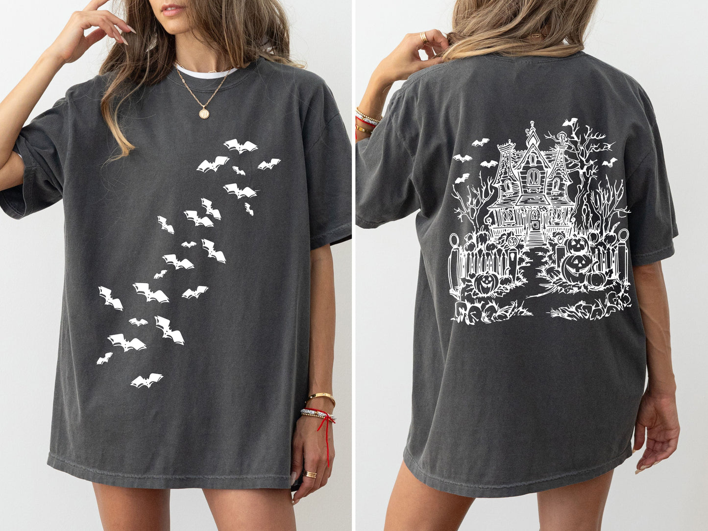 Haunted House Front And Back Halloween Retro Fall Autumn Bats Witches Skeleton Jack-O-Lanterns Comfort Colors Tee