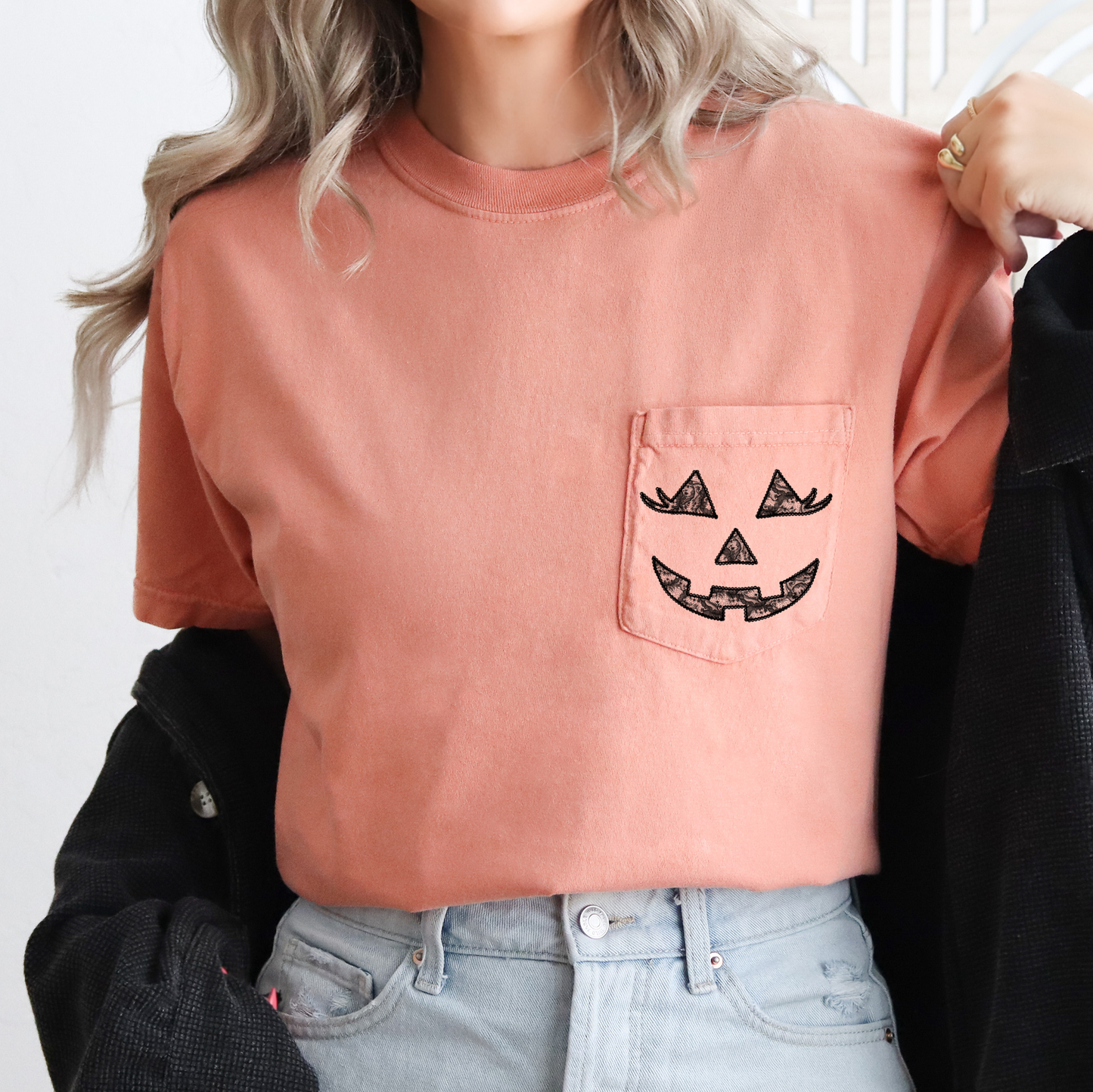 Jack O Lantern Coquette Faux Lace Halloween Pocket Limited Edition Comfort Colors Tee