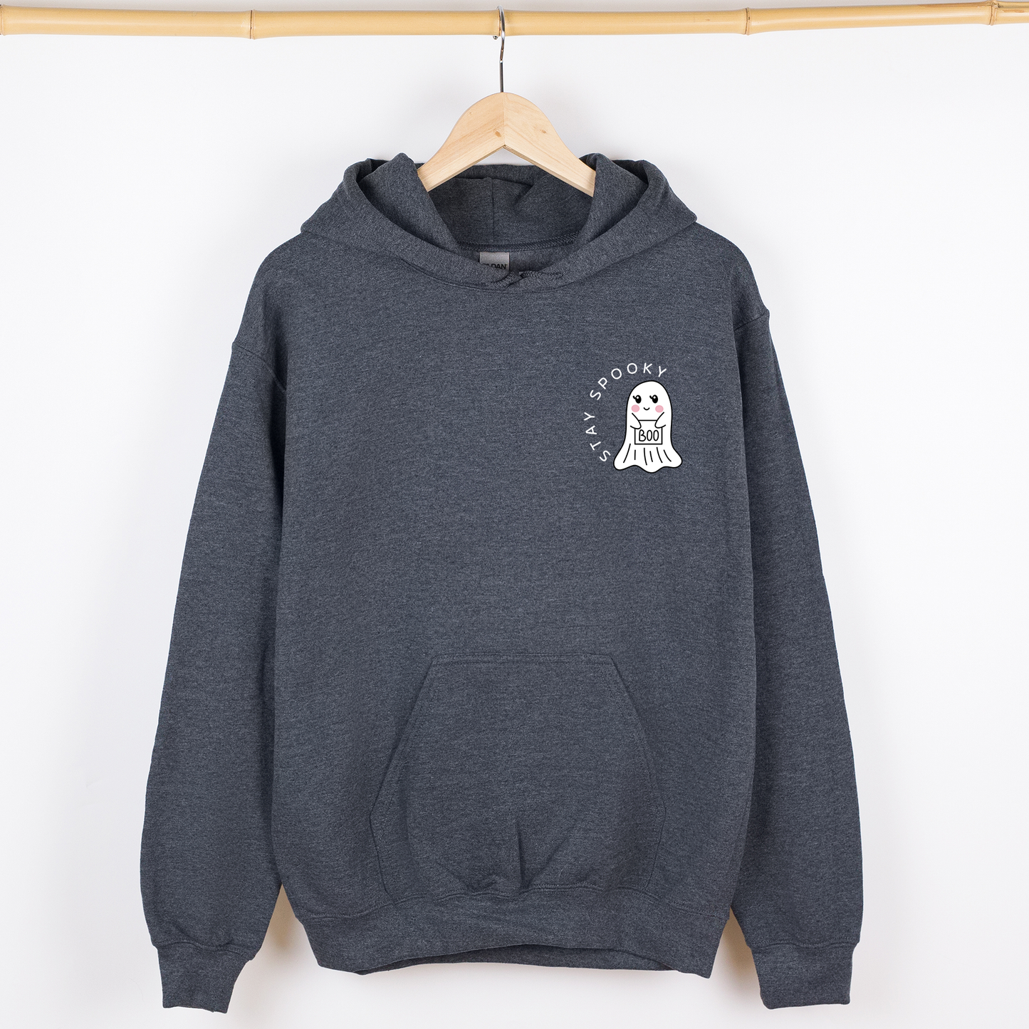 Stay Spooky Ghost Halloween Pocket Checkered Cozy Autumn Vibe Nightlife Graphic Hoodie