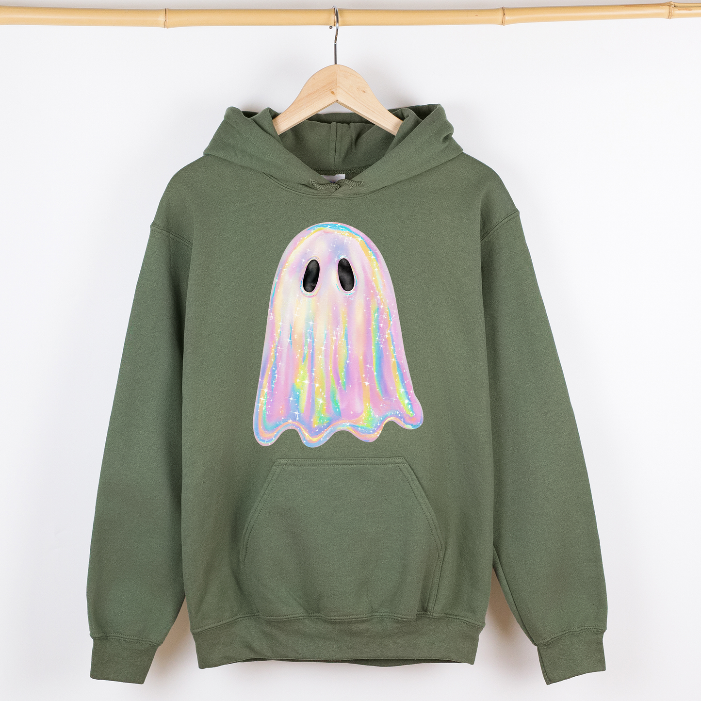 Shimmering Ghost Iridescent Boo Halloween Vintage Vibe Graphic Hooded Sweatshirt
