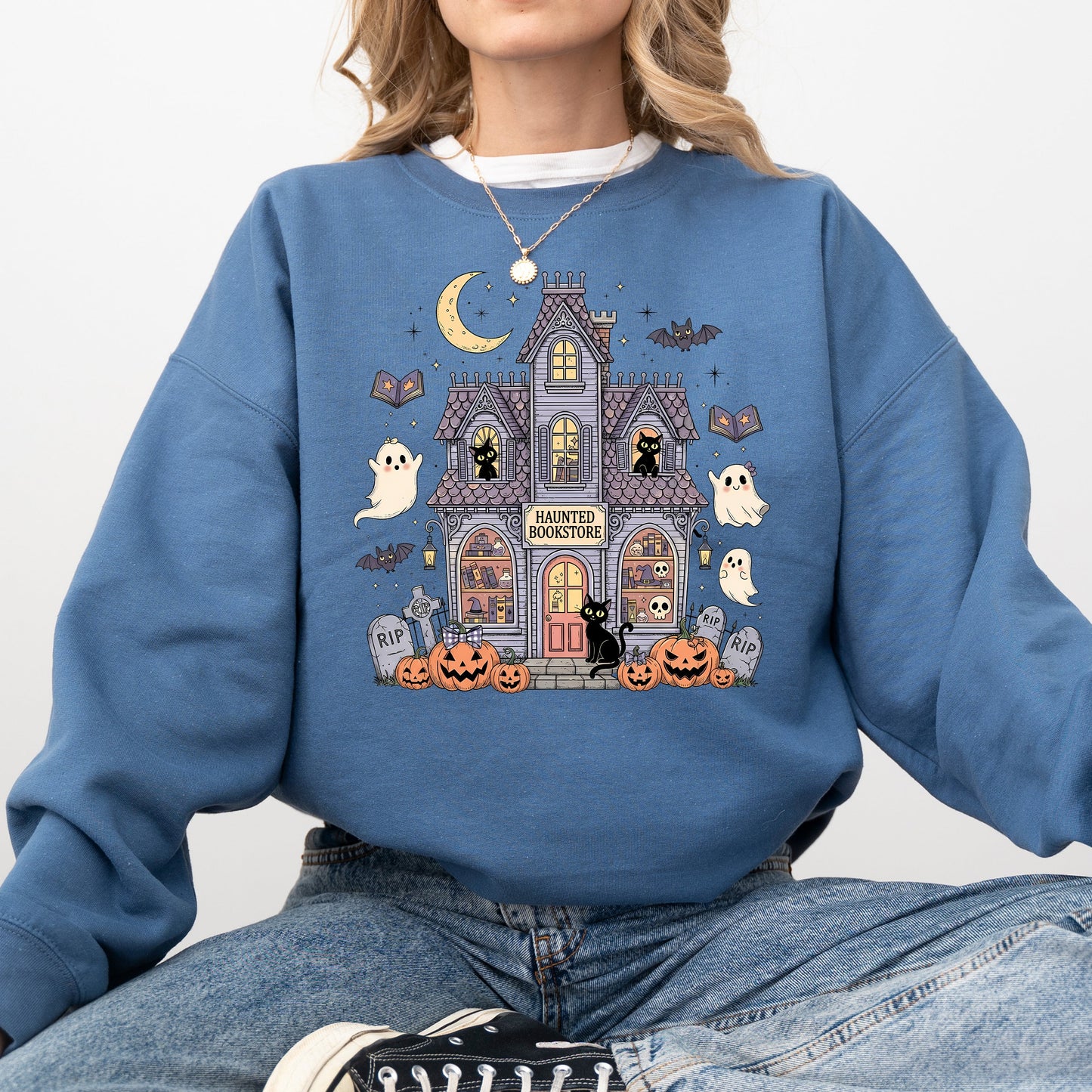 Haunted Book Store Ghost Halloween Vintage Pumpkin Retro Spooky Graphic Sweatshirt