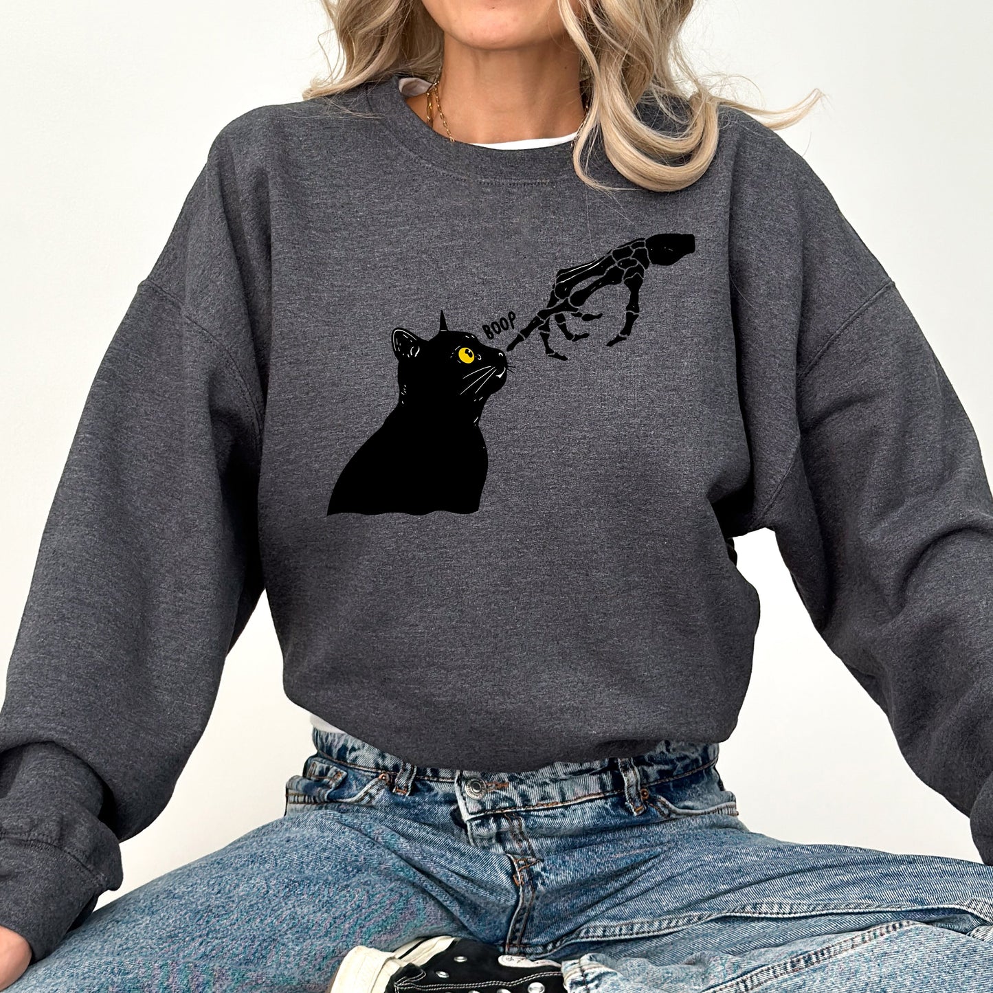 Boop Cat Skeleton Ghost Halloween Western Vintage Pumpkin Retro Spooky Graphic Sweatshirt
