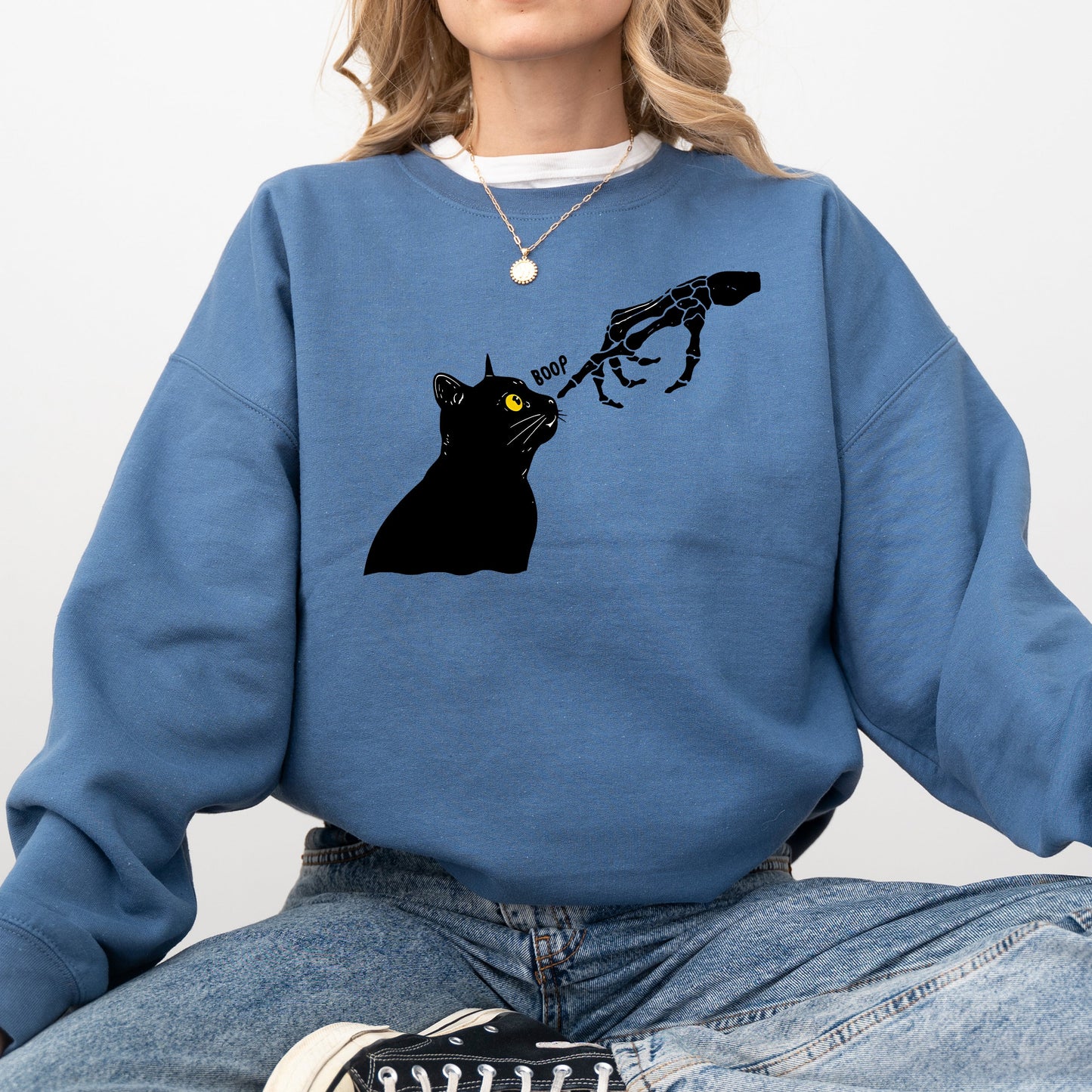 Boop Cat Skeleton Ghost Halloween Western Vintage Pumpkin Retro Spooky Graphic Sweatshirt