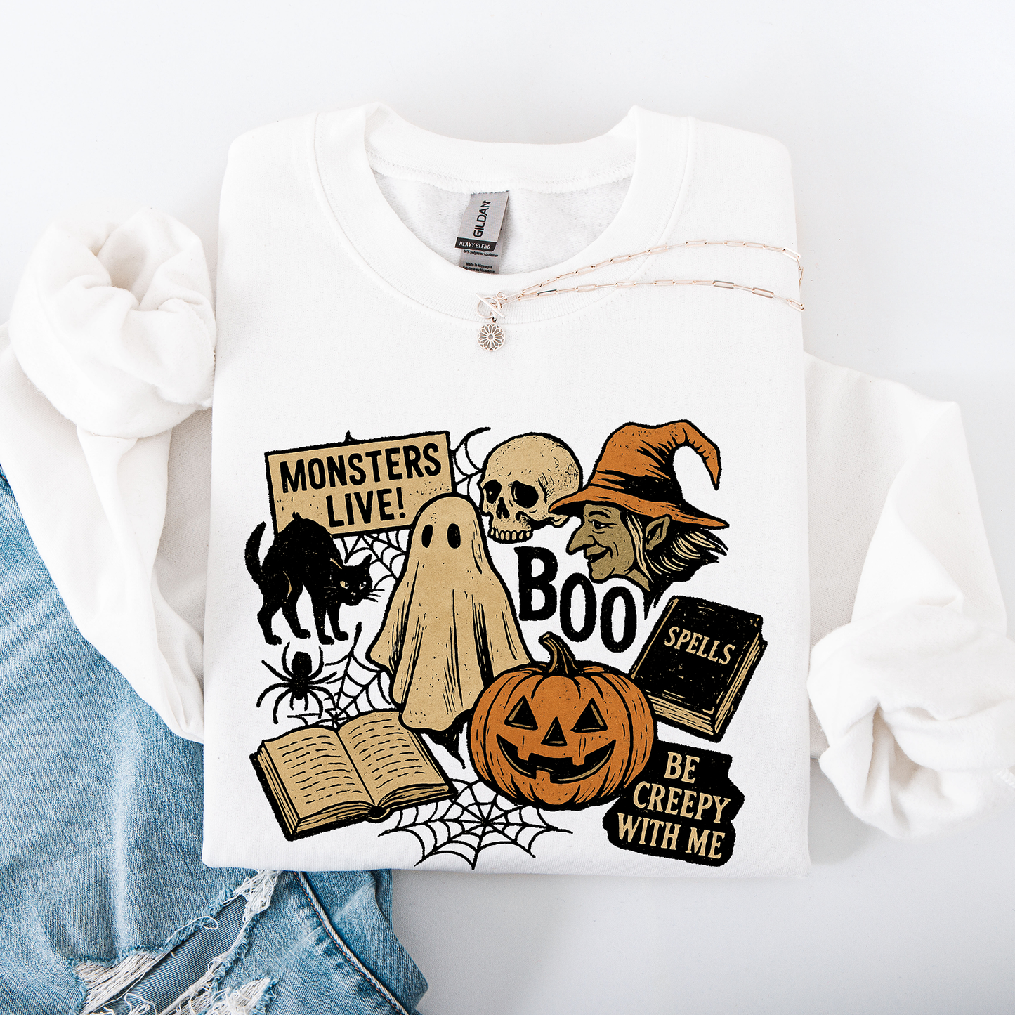 Retro Halloween Monsters Witch Creepy Vintage Nightfall Edition Classic Spooky Motifs And Nostalgic Sweatshirt