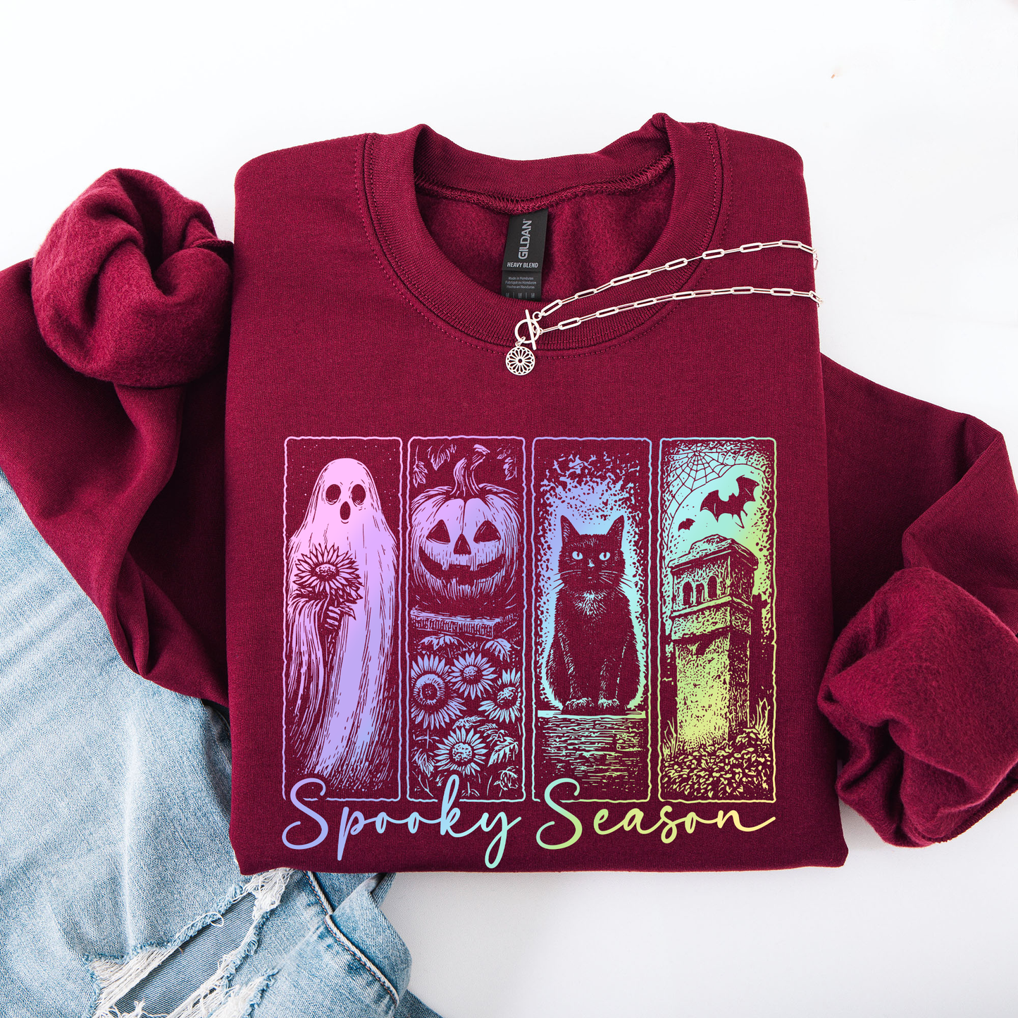 Spooky Season Graphic Sweatshirt With Retro Halloween Pastel Ghost Design And Faux Denim Accent